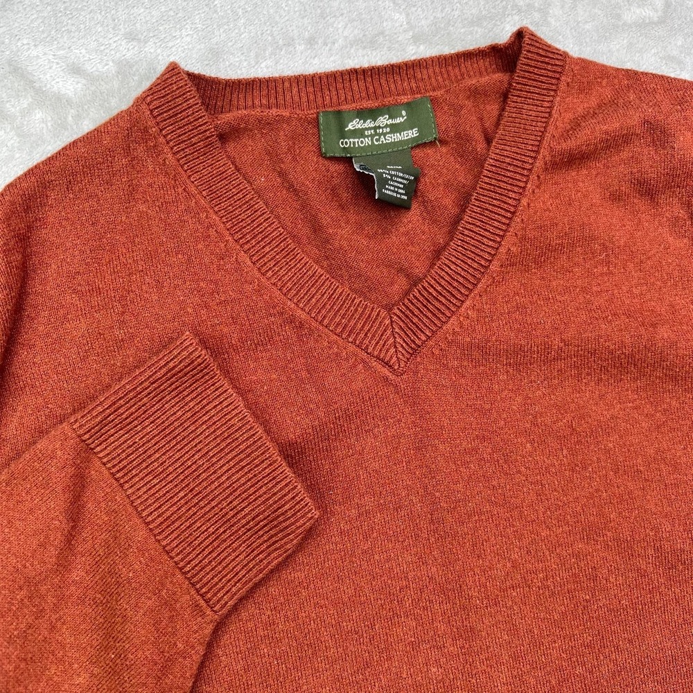 Eddie Bauer Sweater Mens Medium Orange Cotton Cashmere V Neck Preppy Long Sleeve